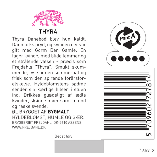 Bagetiket på Thyra fra Bryggeriet Frejdahl. ﻿En smuk, skummende frugtøl med en lys og frisk smag af hyldeblomst.