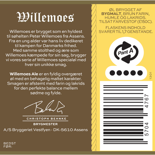 Bagetiket på Willemoes Ale fra Bryggeriet Vestfyen. En fyldig, overgæret ale, med en behagelig maltet karakter og afstemthed mellem farin og lakrids.