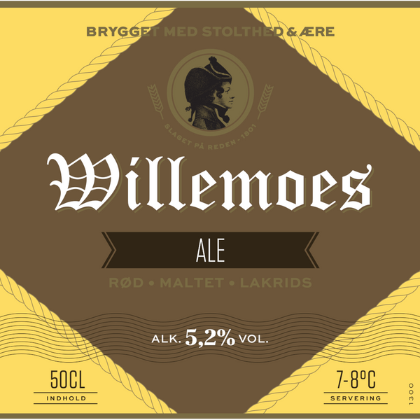 Frontetiket på Willemeos Ale fra Bryggeriet Vestfyen. En fyldig, overgæret ale, med en behagelig maltet karakter og afstemthed mellem farin og lakrids.