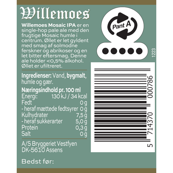 Bagetiket på Willemoes Mosaic IPA. Alkoholfri øl fra Bryggeriet Vestfyen. Single-hop IPA med frugtig Mosaic-humle og en let gylden smag af solmodne ferskner og abrikoser.