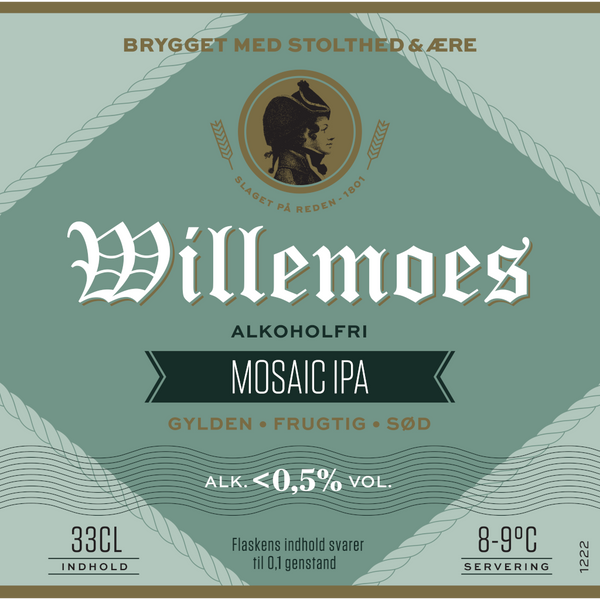 Frontetiket på Willemoes Mosaic IPA. Alkoholfri øl fra Bryggeriet Vestfyen. Single-hop IPA med frugtig Mosaic-humle og en let gylden smag af solmodne ferskner og abrikoser.