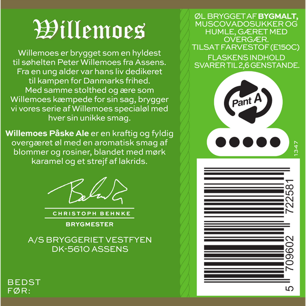 Bagetiket på Willemoes Påske Ale fra Bryggeriet Vestfyen. En kraftig og fyldig overgæret ale med en aromatisk smag af blommer og rosiner, og et strejf af lakrids.