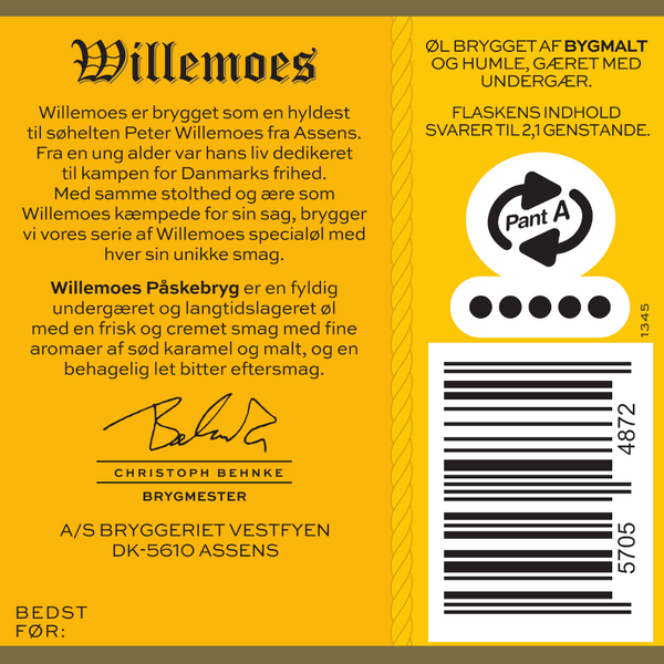 Bagetiket på Willemoes Påskebryg fra Bryggeriet Vestfyen. En fyldig, undergæret og langtidslagret øl med en frisk og cremet smag af sød karamel og malt.
