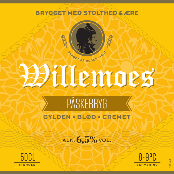 Frontetiket på Willemoes Påskebryg fra Bryggeriet Vestfyen. En fyldig, undergæret og langtidslagret øl med en frisk og cremet smag af sød karamel og malt.