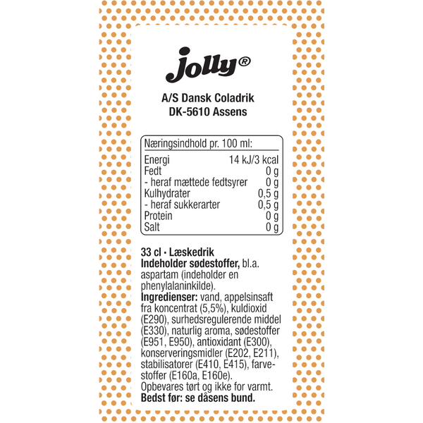 Bagetiket på Jolly Appelsin Sukkerfri. En af de mest velsmagende appelsinsodavand på markedet, forfriskende og lækker - og sukkerfri.