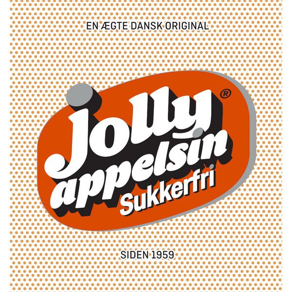 Frontetiket på Jolly Appelsin Sukkerfri. En af de mest velsmagende appelsinsodavand på markedet, forfriskende og lækker - og sukkerfri.