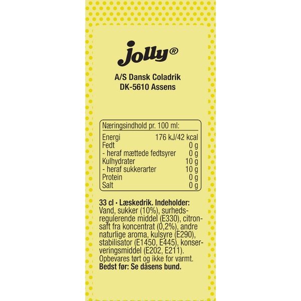 Bagetiket på Jolly Lemon. En forfriskende og læskende sodavand med smag af frisk lemon i en perfekt balance mellem sødme og syrlighed.