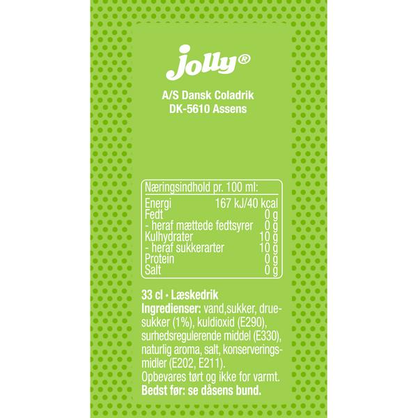 Bagetiket på Jolly Time. Den originale. Den originale sportsvand med en frisk smag af citrus, lime og druesukker