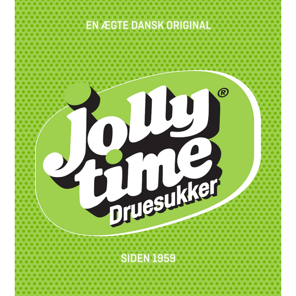 Frontetiket på Jolly Time. Den originale. Den originale sportsvand med en frisk smag af citrus, lime og druesukker