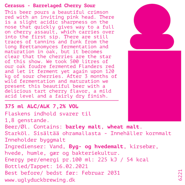 Bagetiket på Cerasus fra Ugly Duck Brewing Co. Barrelaged Cherry Sour. I denne sour beer er man ikke i tvivl om at kirsebær spiller den centrale rolle, hvor den mørkerøde farve suppleres med en lækker syrlig kirsebærsmag og en tør afslutning.