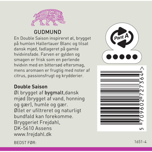 Bagetiket på Gudmund fra Bryggeriet Frejdahl. ﻿En prisvindende Nelson Sauvin Saison med en frisk, perlende smag.