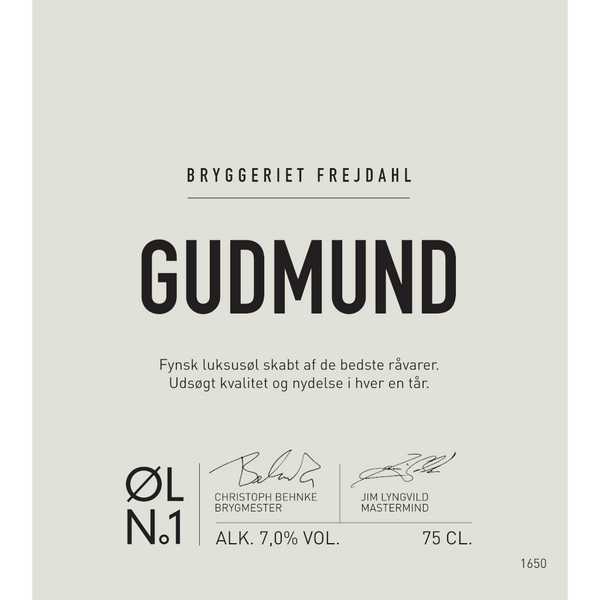 Frontetiket på Gudmund fra Bryggeriet Frejdahl. ﻿En prisvindende Nelson Sauvin Saison med en frisk, perlende smag.