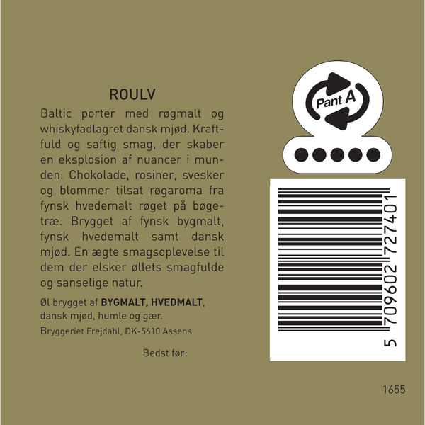 Bagetiket på Roulv fra Bryggeriet Frejdahl. En prisvindende Baltic Porter med en kraftfuld og saftig smagseksplosion af chokolade, rosiner, svesker og blommer.