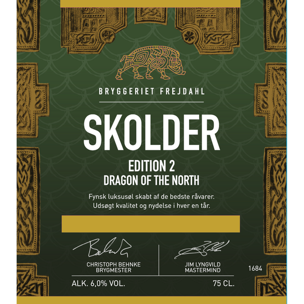 Frontetiket på Skolder 2nd Edition fra Bryggeriet Frejdahl. ﻿Skolder 2nd Edition er en skotsk inspireret, kraftfuld Ale fadlagret i 12 mdr. på Highland Park Dragon Legend Single Malt Whisky.
