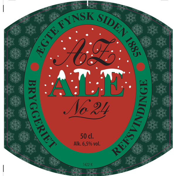 Frontetiket på AZ Ale No. 24 fra Bryggeriet Refsvindinge. ﻿En juleale, der udspringer fra den klassiske Ale No 16, tilpasset julebordets anretninger.