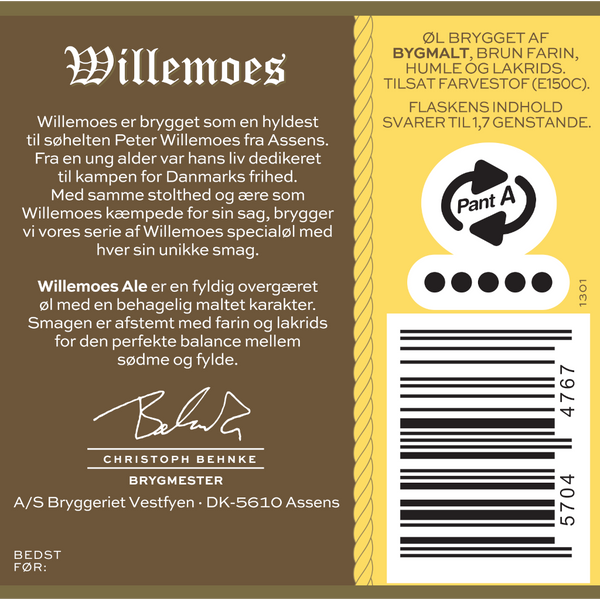 Bagetiket på Willemoes Ale fra Bryggeriet Vestfyen. ﻿En fyldig, overgæret ale, med en behagelig maltet karakter og afstemthed mellem farin og lakrids.