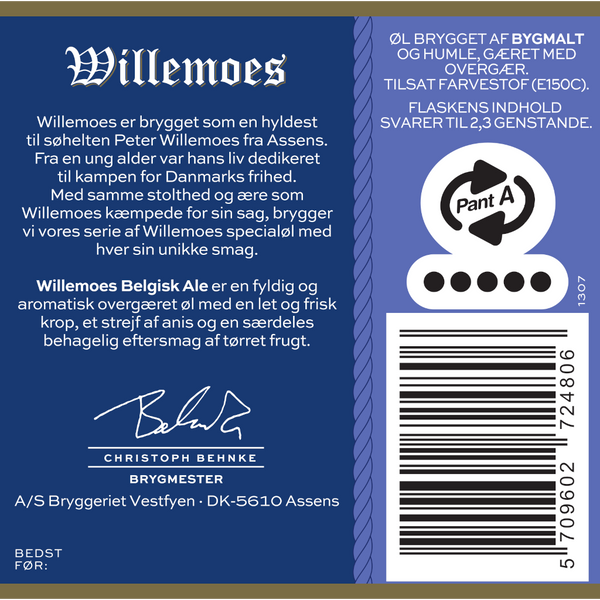 Bagetiket på Willemoes Belgisk Ale fra Bryggeriet Vestfyen. ﻿En fyldig, aromatisk overgæret belgisk ale med en let og frisk krop, og et strejf af anis.