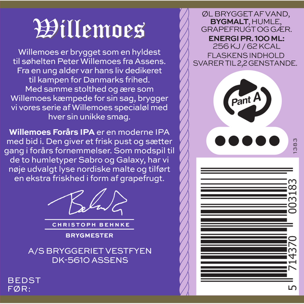 Bagetiket på Willemoes Forårs IPA fra Bryggeriet Vestfyen. ﻿En moderne IPA med bid i, der giver et friskt pust og sætter gang i forårsfornemmelserne.