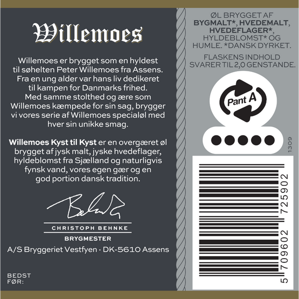 Bagetiket på Willemoes Kyst til Kyst fra Bryggeriet Vestfyen. ﻿En velafbalanceret frugtøl med en frugtig aroma og smag af hyldeblomst.