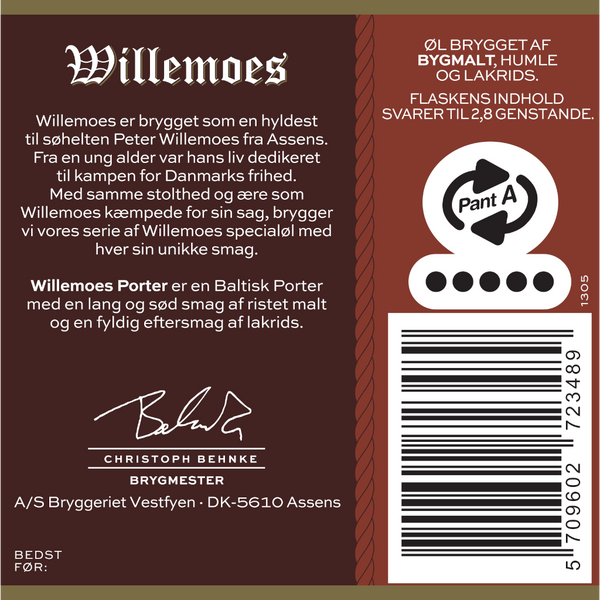 Bagetiket på Willemoes Porter fra Bryggeriet Vestfyen. En prisvindende baltisk porter med en lang og sød smag af ristet malt og eftersmag af lakrids.