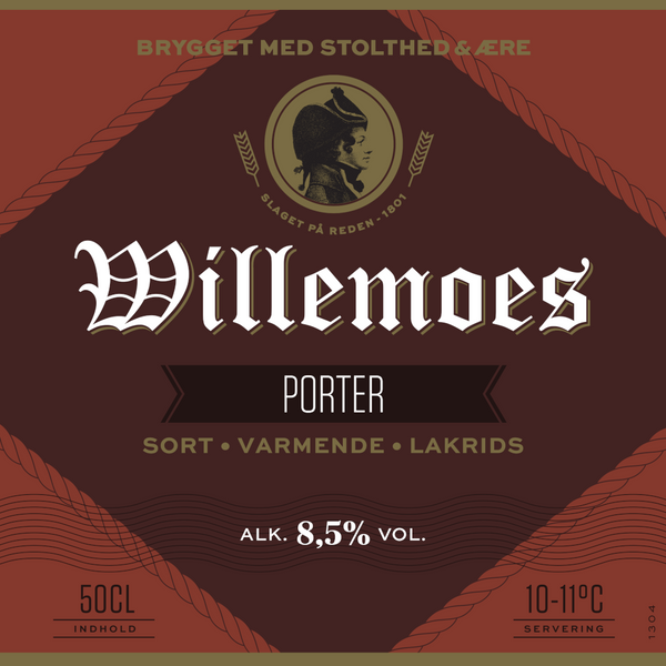 Frontetiket på Willemoes Porter fra Bryggeriet Vestfyen. En prisvindende baltisk porter med en lang og sød smag af ristet malt og eftersmag af lakrids.