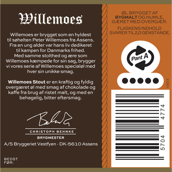 Bagetiket på Willemoes Stout fra Bryggeriet Vestfyen. ﻿En kraftig og fyldig overgæret stout med smag af chokolade og kaffe.