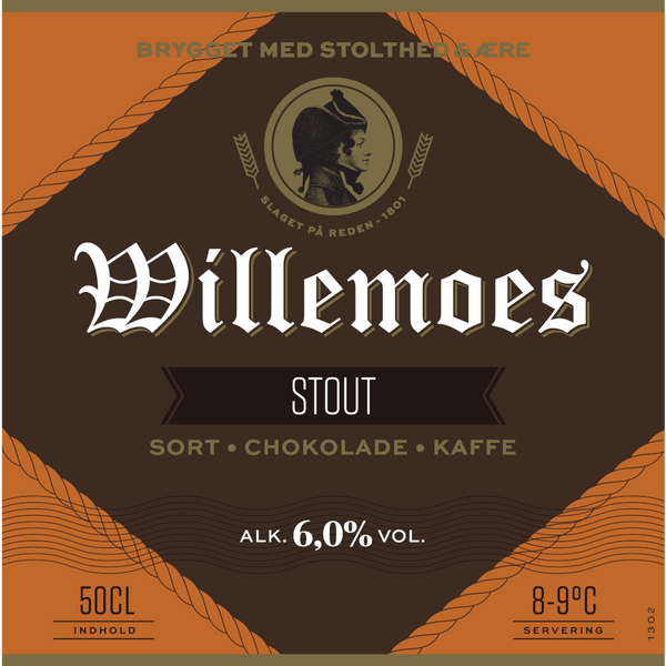 Frontetiket på Willemoes Stout fra Bryggeriet Vestfyen. ﻿En kraftig og fyldig overgæret stout med smag af chokolade og kaffe.