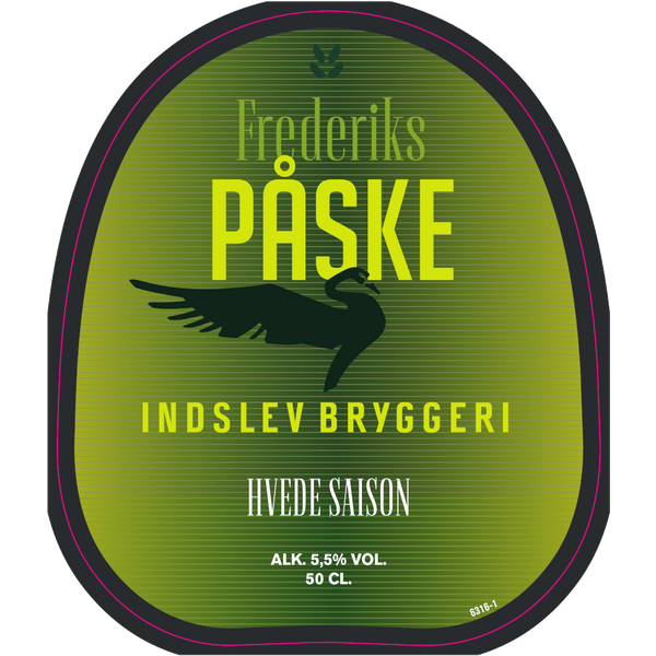 Frontetiket på Frederiks Påske fra Indslev Bryggeri. ﻿En frisk, sprød hvedeøl, brygget på fransk saisongær, velegnet som alternativ til hvidvinen.