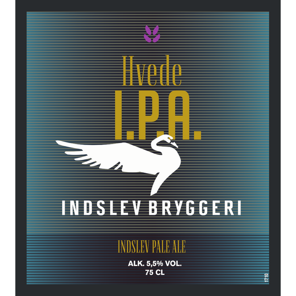 Frontetiket på Hvede IPA fra Indslev Bryggeri. En rund og fyldig hvede IPA (Indslev Pale Ale), med et blødt og sødligt præg, kombineret med bitter og aromatisk humle.