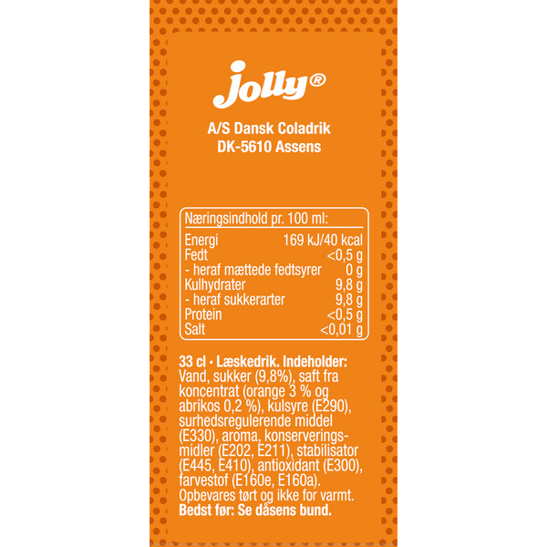 Bagetiket på Jolly Abrikos. ﻿En gammel klassiker i nye klæder. Jolly Abrikos er en forfriskende sodavand med smag af abrikos.