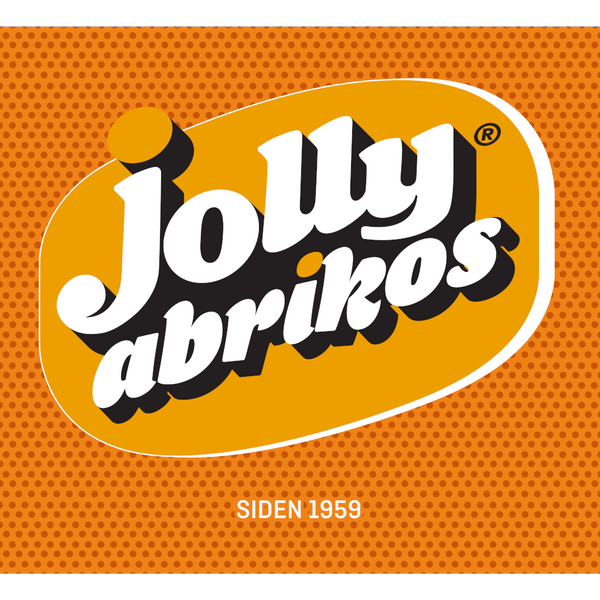 Frontetiket på Jolly Abrikos. ﻿En gammel klassiker i nye klæder. Jolly Abrikos er en forfriskende sodavand med smag af abrikos.