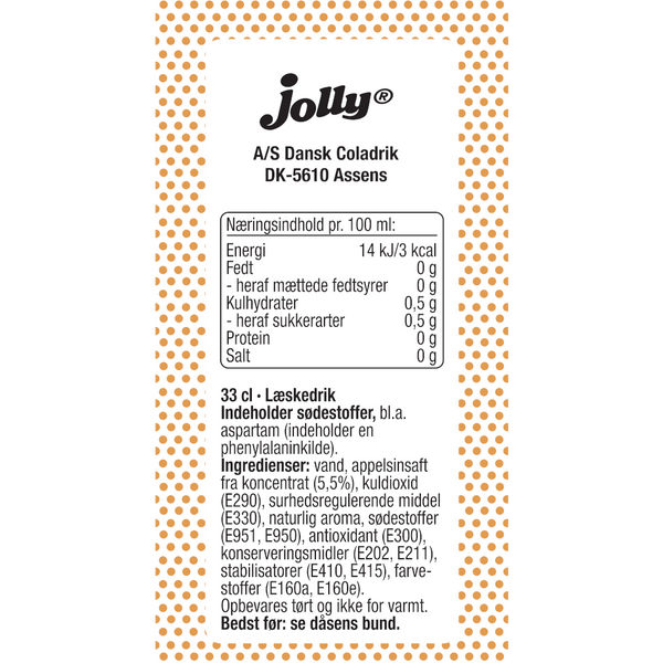 Bagetiket på Jolly Appelsin Sukkerfri. ﻿En af de mest velsmagende appelsinsodavand på markedet, forfriskende og lækker - og sukkerfri.
