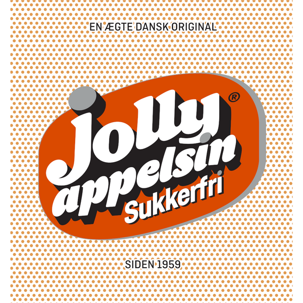 Frontetiket på Jolly Appelsin Sukkerfri. ﻿En af de mest velsmagende appelsinsodavand på markedet, forfriskende og lækker - og sukkerfri.