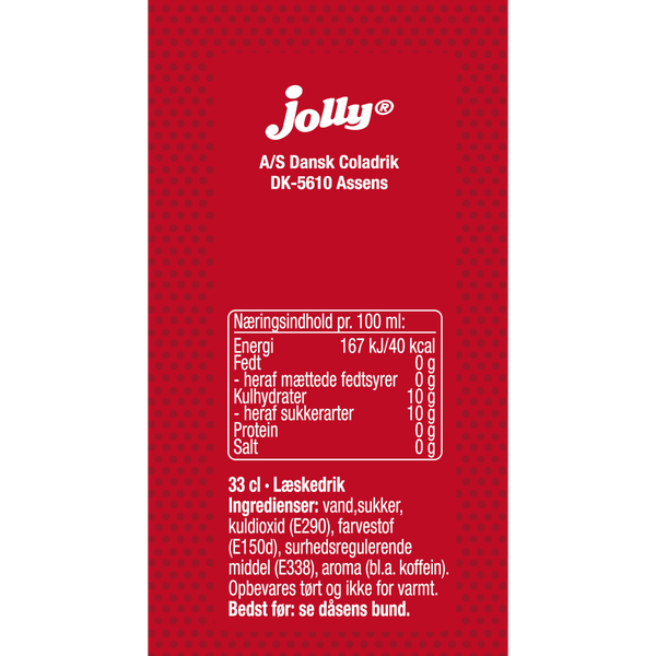 Bagetiket på Jolly Cola. Den helt originale danske cola. Siden 1959 har danskerne bevist god smag ved at vælge Jolly Cola.