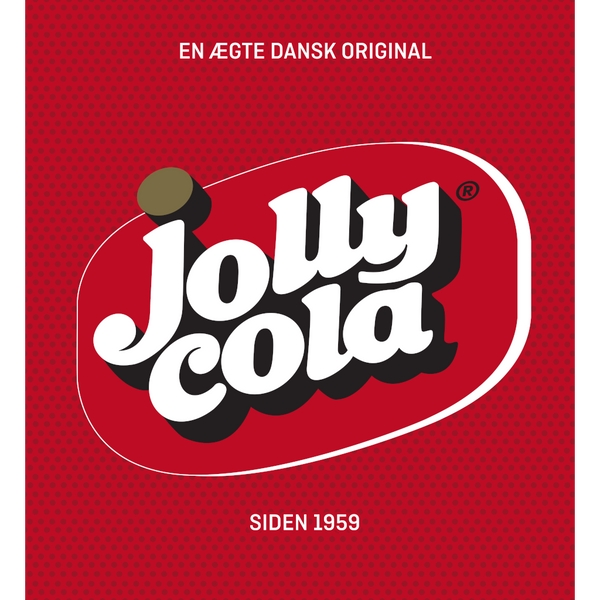 Frontetiket på Jolly Cola. Den helt originale danske cola. Siden 1959 har danskerne bevist god smag ved at vælge Jolly Cola.