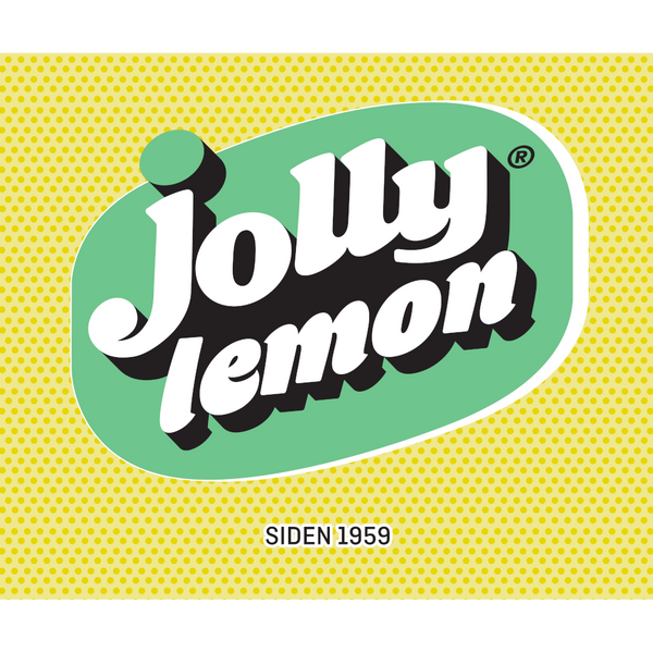 Frontetiket på Jolly Lemon. ﻿En forfriskende og læskende sodavand med smag af frisk lemon i en perfekt balance mellem sødme og syrlighed.