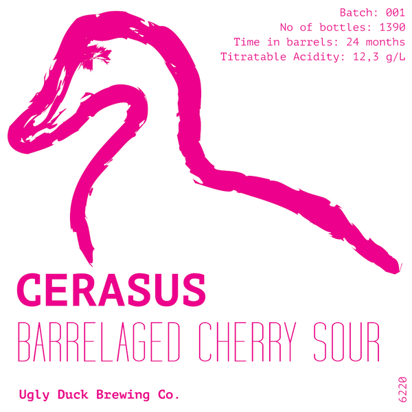 Cerasus fra Ugly Duck Brewing Co. Barrelaged Cherry Sour. I denne sour beer er man ikke i tvivl om at kirsebær spiller den centrale rolle, hvor den mørkerøde farve suppleres med en lækker syrlig kirsebærsmag og en tør afslutning.