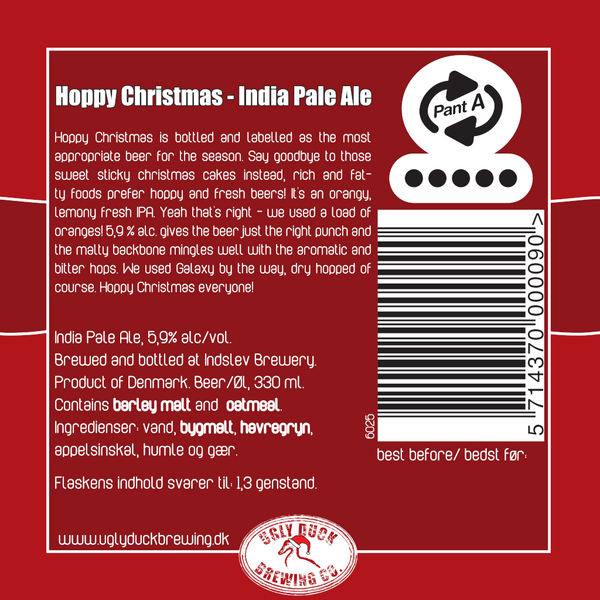 Bagetiket på Hoppy Christmas fra Ugly Duck Brewing Co. IPA'er kan skære igennem det meste, og denne her er ingen undtagelse. Der er tilsat appelsinskal for at tilføre ekstra slagkraft. Den er tørhumlet for endnu mere slagkraft.