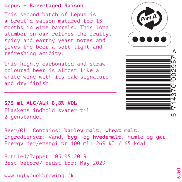 Bagetiket på Lepus fra Ugly Duck Brewing Co. Fadlagret sour beer, lagret 13 måneder på vintønder, minder nærmest om en hvidvin med sin tørre afslutning.