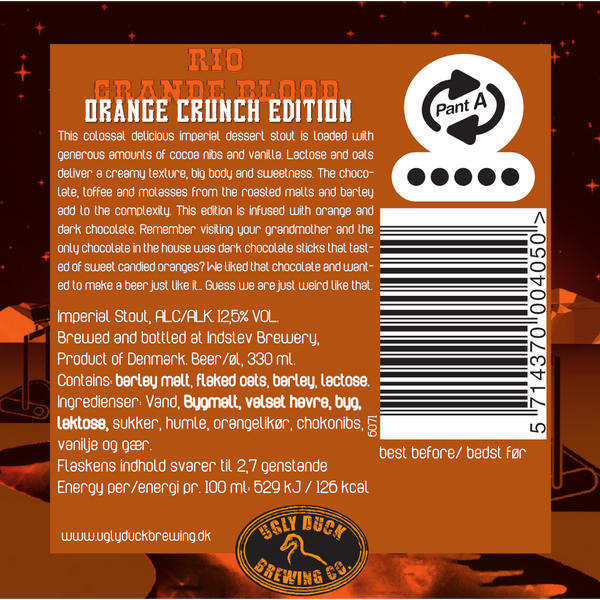 Bagetiket på Rio Grande Blood Orange Crunch Edition. Kan du huske da du besøgte din bedstemor, og det eneste chokolade i huset var de der mørke chokoladestænger der smagte af sød appelsinknas? Vi kunne godt lide den chokolade, og ønskede at skabe en øl præcis som det.